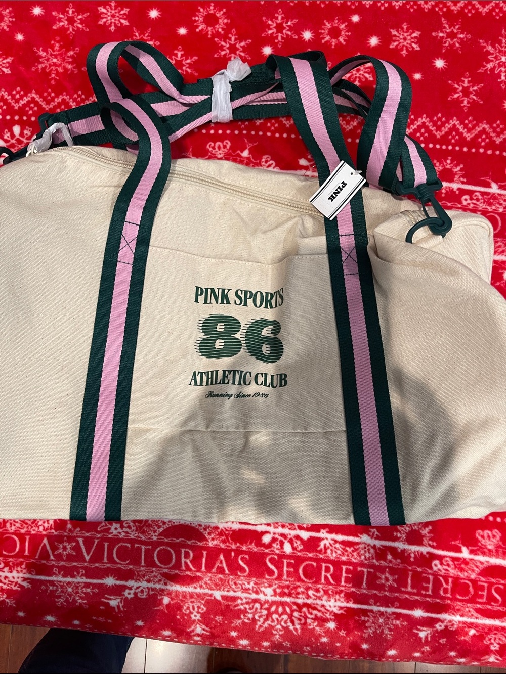 PINK Victoria's Secret Cream Canvas Duffel with Pink & Dark Green Straps